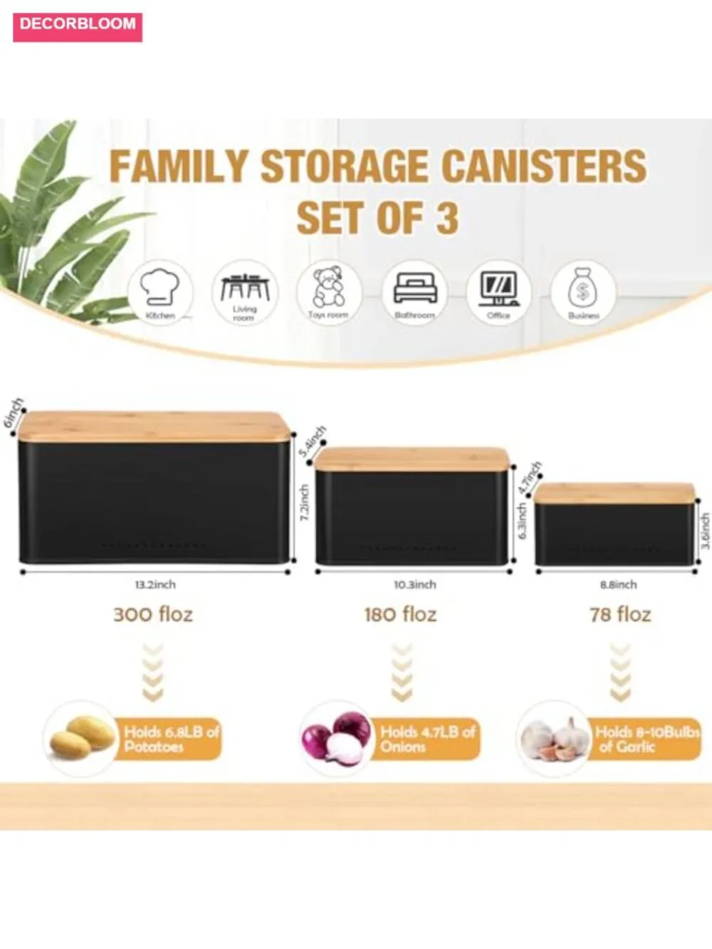 3 Pc Metal Storage Bins with Bamboo Lids Nesting Farmhouse Organizer Countertop